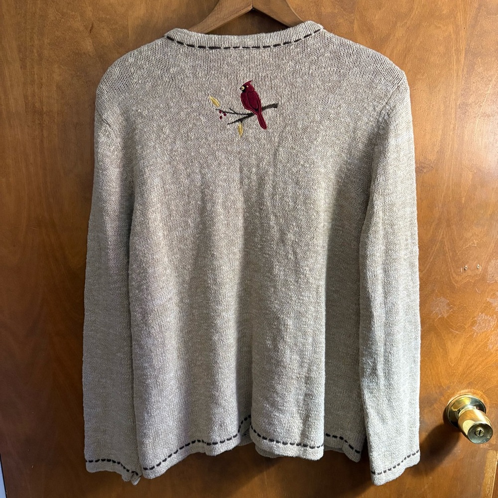 VINTAGE Embroidered Bird Oatmeal Button Down Cardigan Sweater 1X Slouchy Artsy - Picture 2 of 14